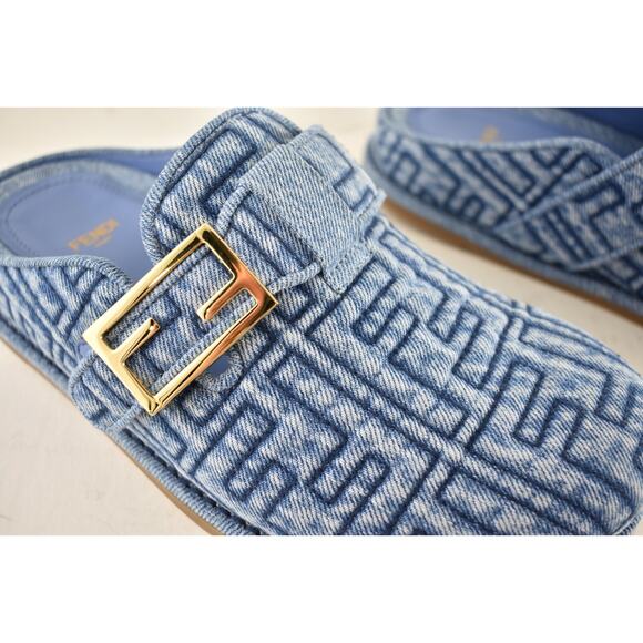 Fendi Feel Cotton Blue Denim FF Logo Gold Slip On Slide Clogs Mules Flats 40 - Picture 8 of 16
